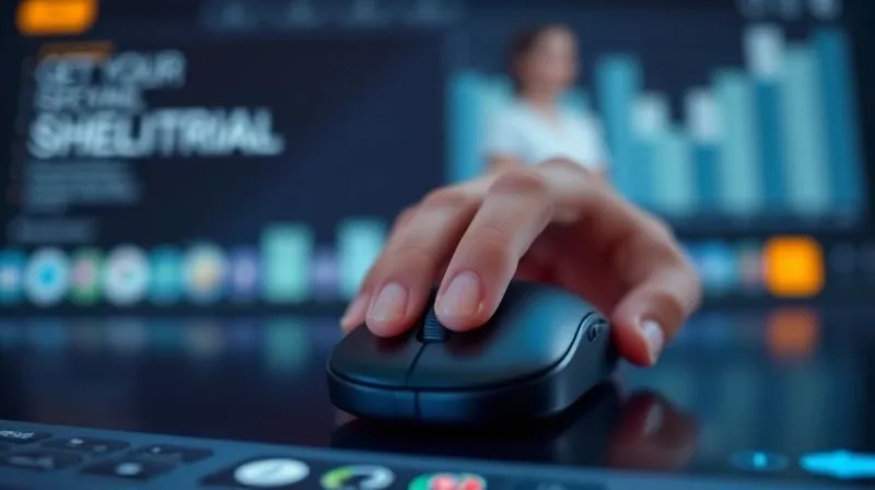 photorealistic, professional photography, 8K, cinematic lighting, sharp focus, depth of field, shot on a high-end DSLR of a vibrant, visually distinct call-to-action button (e.g., 'Get Your Free Trial' or 'Shop Now') glowing subtly on a modern, clean website interface. The button is the focal point, with a blurred background of a user's hand hovering over a mouse, symbolizing intention and action.