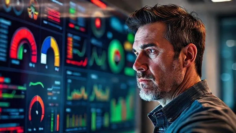A photorealistic, professional photography, 8K image of a small business owner looking at a complex digital dashboard showing various risk indicators, some flashing red, others green. The owner has a determined expression, with cinematic lighting emphasizing the screen and their face. Sharp focus on the screen and owner, depth of field blurring the modern office background. Shot on a high-end DSLR, emotionally resonant with a sense of urgent analysis.