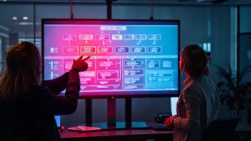 A photorealistic, professional photography, 8K image of a detailed business process flowchart displayed on a large monitor, with a red spotlight shining on a specific, broken or bottlenecked step. Two diverse professionals are pointing at the screen, discussing intensely. Cinematic lighting, sharp focus on the highlighted section, depth of field blurring the rest of the office. Shot on a high-end DSLR, conveying problem identification.