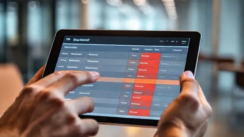 A photorealistic, professional photography, 8K image of a digital risk register displayed on a tablet, showing columns for 'Risk ID', 'Description', 'Likelihood', 'Impact', 'Mitigation', and 'Owner'. Several entries are visible, some highlighted in red for high risk. Hands are interacting with the tablet, pointing to a specific entry. Cinematic lighting, sharp focus on the tablet screen, depth of field blurring a modern office background. Shot on a high-end DSLR, conveying organized risk management.