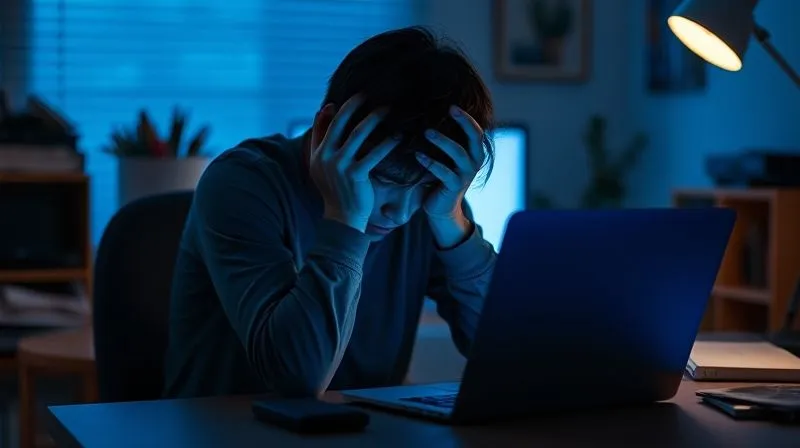 A photorealistic image of a person sitting alone at a home office desk, bathed in the blue light of a laptop screen, their head in their hands, looking overwhelmed and exhausted. The background is slightly blurred, showing a messy workspace. Emphasize the feeling of digital isolation and chronic fatigue. Cinematic lighting, sharp focus on the person, depth of field, 8K hyper-detailed, professional photography, shot on a high-end DSLR.