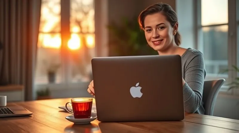 A photorealistic image of a person confidently closing a laptop at a home office desk, a warm glow of sunset coming through a window, and a serene, relaxed expression on their face. A cup of herbal tea sits beside the laptop. Emphasize the feeling of peace and disconnection after a workday. Cinematic lighting, sharp focus on the person and laptop, depth of field, 8K hyper-detailed, professional photography, shot on a high-end DSLR.
