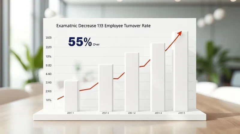 A photorealistic 3D bar chart illustrating a dramatic decrease in employee turnover rate from 35% to 15% over a 12-month period, with a secondary line graph showing a corresponding increase in employee satisfaction. The chart is clean, professional, and visually compelling, set against a subtle, modern office background. Cinematic lighting, sharp focus, depth of field, 8K hyper-detailed, professional photography, shot on a high-end DSLR.