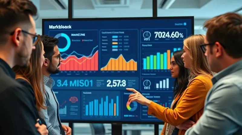 A photorealistic image of a diverse team of business professionals (consultants and clients) collaboratively reviewing a large digital dashboard on a screen, showing baseline marketing performance metrics like lead volume, conversion rates, and sales figures. The atmosphere is focused and collaborative, with some team members pointing to specific data points. Cinematic lighting, 8K hyper-detailed, sharp focus on the dashboard, depth of field blurring the background office.