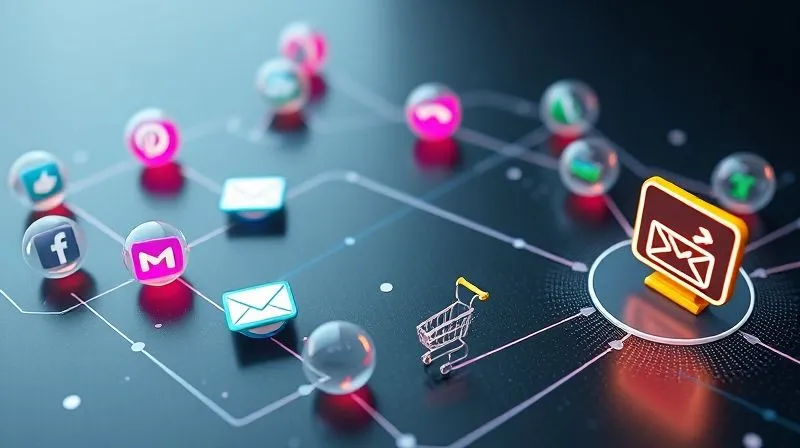 A photorealistic 3D visualization of a customer journey map, showing various marketing touchpoints (e.g., social media icon, email envelope, website browser, search bar) connected by arrows, leading to a conversion icon (shopping cart or handshake). Different colors or sizes of spheres represent varying attribution weights at each touchpoint, illustrating a multi-touch attribution model. Cinematic lighting, sharp focus on the journey map, depth of field, 8K hyper-detailed, professional graphical representation. A photorealistic 3D visualization of a customer journey map, showing various marketing touchpoints (e.g., social media icon, email envelope, website browser, search bar) connected by arrows, leading to a conversion icon (shopping cart or handshake). Different colors or sizes of spheres represent varying attribution weights at each touchpoint, illustrating a multi-touch attribution model. Cinematic lighting, sharp focus on the journey map, depth of field, 8K hyper-detailed, professional graphical representation.