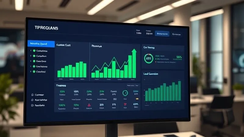 A photorealistic image of a sleek, modern digital dashboard displayed on a large monitor, showcasing clear, intuitive data visualizations. The dashboard features prominent widgets for 'Marketing Spend vs. Revenue,' 'Customer Acquisition Cost,' 'Conversion Rate Trends,' and 'Lead Generation by Channel,' all with green upward arrows and positive percentages. The design is clean, professional, and easy to interpret, with cinematic lighting and sharp focus on the data, depth of field blurring the background office environment. A photorealistic image of a sleek, modern digital dashboard displayed on a large monitor, showcasing clear, intuitive data visualizations. The dashboard features prominent widgets for 'Marketing Spend vs. Revenue,' 'Customer Acquisition Cost,' 'Conversion Rate Trends,' and 'Lead Generation by Channel,' all with green upward arrows and positive percentages. The design is clean, professional, and easy to interpret, with cinematic lighting and sharp focus on the data, depth of field blurring the background office environment.