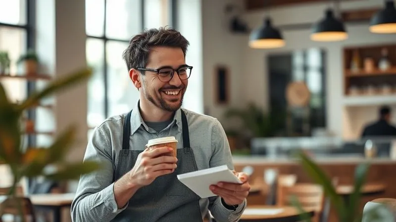 photorealistic, professional photography, 8K, cinematic lighting, sharp focus, depth of field, shot on a high-end DSLR, a small business owner empathetically listening to a customer, both smiling, in a bright, modern cafe setting. The customer is holding a coffee cup, and the owner is taking notes, conveying genuine care and personalized attention.