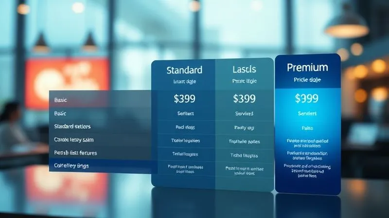 photorealistic, professional photography, 8K, cinematic lighting, sharp focus, depth of field, shot on a high-end DSLR, a visually striking 3-tier pricing table on a modern digital interface, with 'Basic', 'Standard', and 'Premium' columns. Each tier clearly highlights increasing value and benefits, not just features, with a focus on problem-solving. Soft, inviting light on the 'Premium' column.