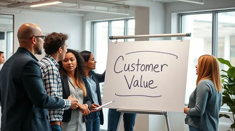 photorealistic, professional photography, 8K, cinematic lighting, sharp focus, depth of field, shot on a high-end DSLR, a diverse small business team in a collaborative, brightly lit modern office space, enthusiastically brainstorming. They are gathered around a whiteboard with 'Customer Value' written prominently, demonstrating teamwork and shared purpose.