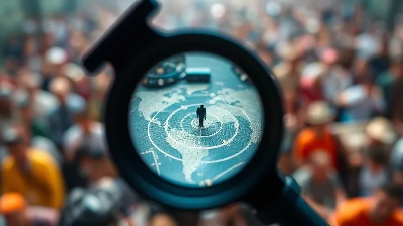 photorealistic, professional photography, 8K, cinematic lighting, sharp focus, depth of field, shot on a high-end DSLR. A magnifying glass sharply focusing on a single, distinct target on a blurred map, symbolizing hyper-niche targeting and precision. The background shows a diverse, unfocused crowd, emphasizing the contrast.