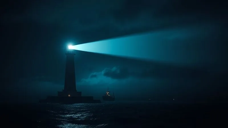 photorealistic, professional photography, 8K, cinematic lighting, sharp focus, depth of field, shot on a high-end DSLR. A single, illuminated lighthouse beam cutting through a dark, stormy night, guiding small ships towards a safe harbor. The lighthouse represents valuable content, and the ships represent customers seeking solutions.