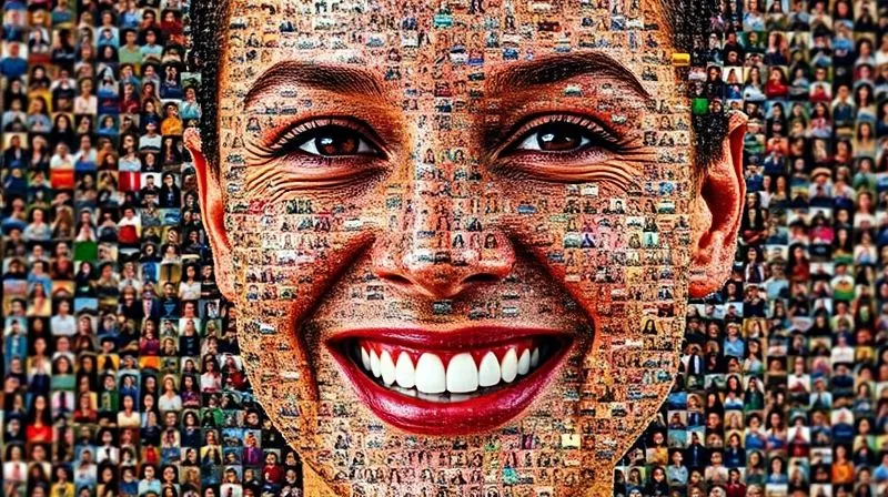 photorealistic, professional photography, 8K, cinematic lighting, sharp focus, depth of field, shot on a high-end DSLR. A mosaic created from hundreds of diverse, small, brightly colored photographs, forming a larger, cohesive image of a smiling face. Each small photo represents a customer's unique contribution, collectively building a powerful brand image.