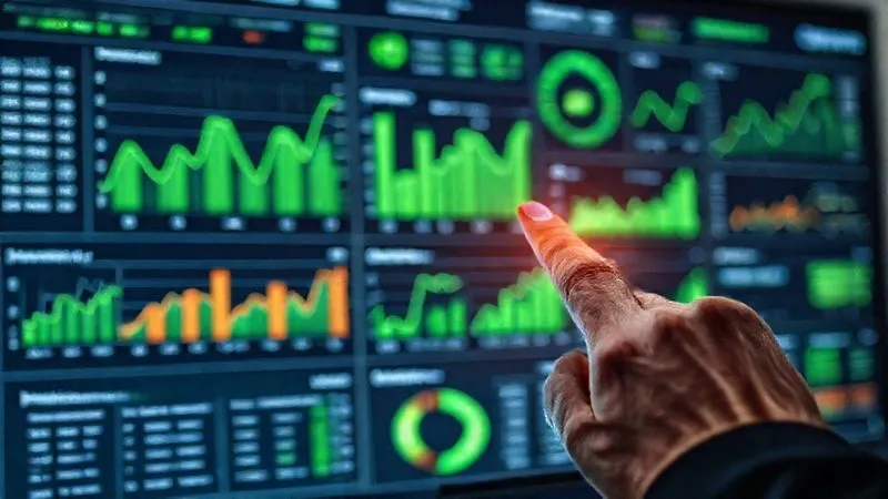 A photorealistic image of a business dashboard displaying various KPIs for international markets, with green upward-trending graphs and charts, indicating successful performance monitoring. A hand points to a specific metric on a tablet screen. Cinematic lighting, sharp focus, depth of field, 8K hyper-detailed, professional photography.