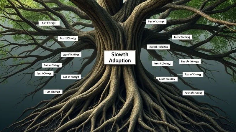 A photorealistic image of a complex root system of a tree, with various labels like 'Fear of Change', 'Lack of Training', 'Misaligned Incentives' attached to different roots, all leading to a central trunk labeled 'Slow Tech Adoption'. Cinematic lighting, sharp focus on the labels, 8K.