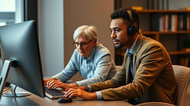 A photorealistic image of two diverse professionals, one older and one younger, sitting side-by-side at a computer, with the younger person patiently guiding the older person through a software interface, symbolizing effective peer-to-peer training and support. Professional setting, warm lighting, 8K.