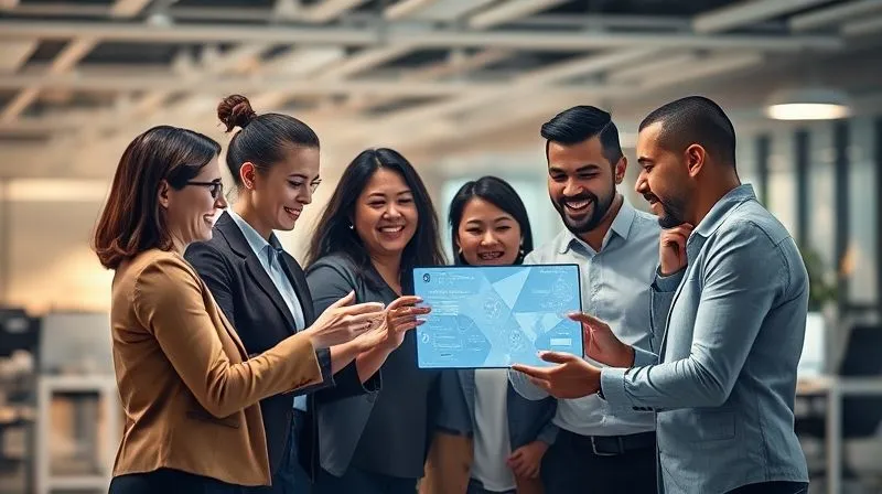A photorealistic image of a small group of diverse professionals enthusiastically collaborating around a glowing digital interface, representing a successful pilot program. The background shows a larger, slightly blurred office, hinting at future widespread adoption. Cinematic lighting, sharp focus on the group, 8K.