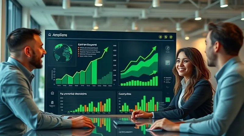 A photorealistic image of a dynamic dashboard displaying positive growth curves, green upward arrows, and key performance indicators for technology adoption, with a diverse team looking at it with satisfaction in a modern office. Cinematic lighting, sharp focus on the data, 8K.