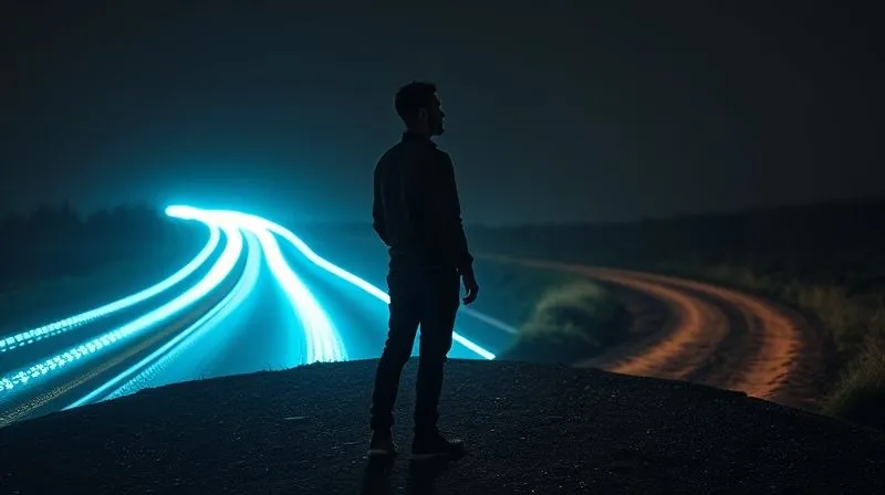A metaphorical image of a person standing at a crossroads, one path leading to a glowing, futuristic digital highway, the other to a familiar, worn dirt path, conveying hesitation and choice. The person's silhouette shows a thoughtful posture, with subtle digital overlays on the futuristic path, photorealistic, professional photography, 8K, cinematic lighting, sharp focus, depth of field, shot on a high-end DSLR. A metaphorical image of a person standing at a crossroads, one path leading to a glowing, futuristic digital highway, the other to a familiar, worn dirt path, conveying hesitation and choice. The person's silhouette shows a thoughtful posture, with subtle digital overlays on the futuristic path, photorealistic, professional photography, 8K, cinematic lighting, sharp focus, depth of field, shot on a high-end DSLR.