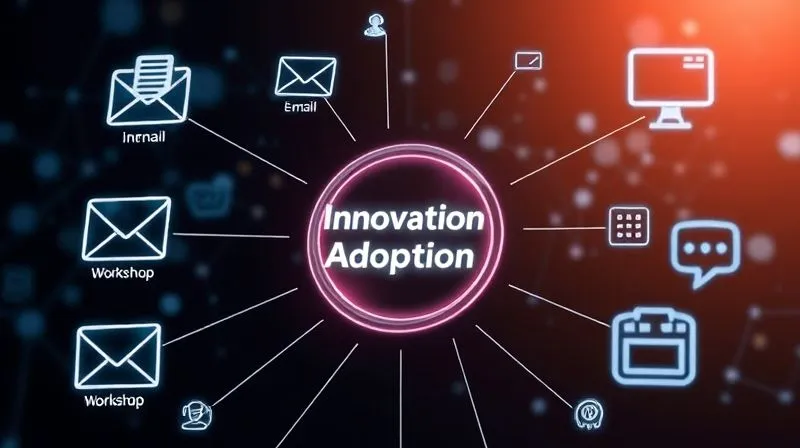 A visually engaging infographic-style image showing interconnected communication channels (email, internal social media, workshops, leadership talks, digital signage) converging towards a central, glowing 'Innovation Adoption' target. Each channel is represented by a distinct, modern icon, with lines flowing towards the center, conveying synergy and a unified message, photorealistic, professional photography, 8K, cinematic lighting, sharp focus, depth of field, shot on a high-end DSLR. A visually engaging infographic-style image showing interconnected communication channels (email, internal social media, workshops, leadership talks, digital signage) converging towards a central, glowing 'Innovation Adoption' target. Each channel is represented by a distinct, modern icon, with lines flowing towards the center, conveying synergy and a unified message, photorealistic, professional photography, 8K, cinematic lighting, sharp focus, depth of field, shot on a high-end DSLR.