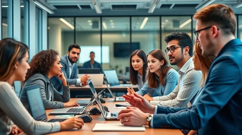 A diverse group of employees engaged in an interactive training session in a modern office, some looking at screens with guided tutorials, others discussing concepts in small groups, with a supportive and knowledgeable trainer facilitating the learning. The atmosphere is collaborative and energetic, conveying active learning and skill development, photorealistic, professional photography, 8K, cinematic lighting, sharp focus, depth of field, shot on a high-end DSLR. A diverse group of employees engaged in an interactive training session in a modern office, some looking at screens with guided tutorials, others discussing concepts in small groups, with a supportive and knowledgeable trainer facilitating the learning. The atmosphere is collaborative and energetic, conveying active learning and skill development, photorealistic, professional photography, 8K, cinematic lighting, sharp focus, depth of field, shot on a high-end DSLR.