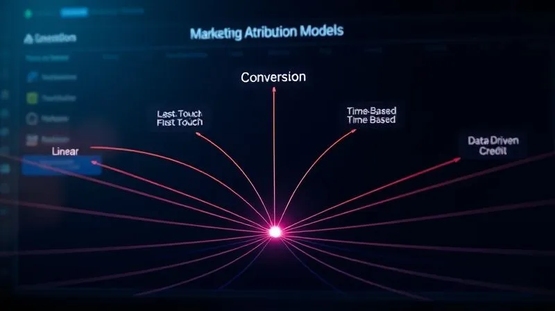 photorealistic, professional photography, 8K, cinematic lighting, sharp focus, depth of field, shot on a high-end DSLR. A visually clear, elegant diagram illustrating different marketing attribution models (First-Touch, Last-Touch, Linear, Time Decay, Position-Based, Data-Driven) as interconnected pathways converging towards a conversion point. Each model's unique credit distribution is highlighted with varying light intensity or color on the paths. The background is a clean, modern data visualization interface.