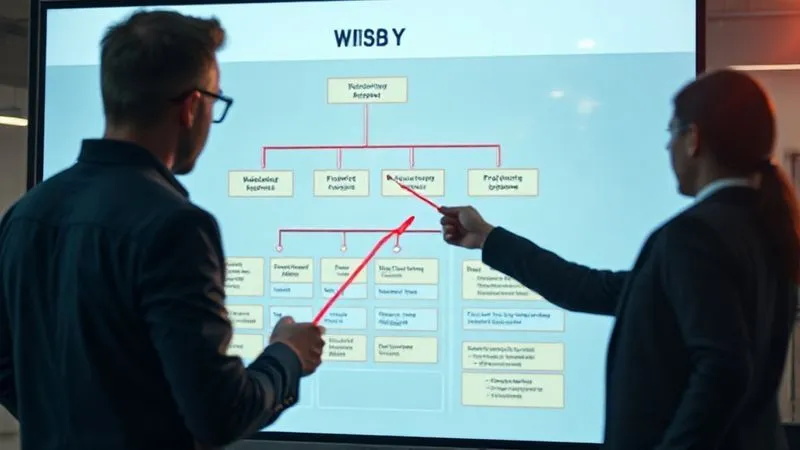A photorealistic, professional photography, 8K, cinematic lighting, sharp focus, depth of field. A detailed, hierarchical Work Breakdown Structure (WBS) diagram displayed on a large digital screen, showing project deliverables broken down into smaller, manageable work packages. A project manager points at a specific node with a laser pointer, conveying clarity and organization. A photorealistic, professional photography, 8K, cinematic lighting, sharp focus, depth of field. A detailed, hierarchical Work Breakdown Structure (WBS) diagram displayed on a large digital screen, showing project deliverables broken down into smaller, manageable work packages. A project manager points at a specific node with a laser pointer, conveying clarity and organization.