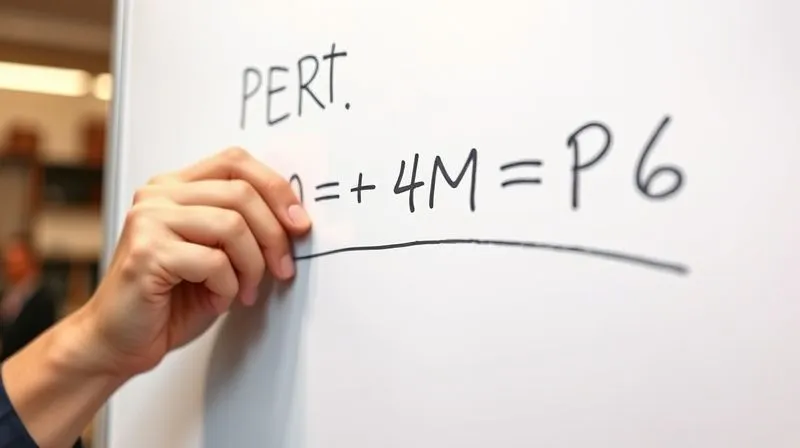 A photorealistic image of a hand writing on a whiteboard, illustrating the PERT formula for task estimation: (O + 4M + P) / 6, with three distinct paths converging on a timeline. professional photography, 8K, cinematic lighting, sharp focus on the formula, depth of field blurring the background, shot on a high-end DSLR. A photorealistic image of a hand writing on a whiteboard, illustrating the PERT formula for task estimation: (O + 4M + P) / 6, with three distinct paths converging on a timeline. professional photography, 8K, cinematic lighting, sharp focus on the formula, depth of field blurring the background, shot on a high-end DSLR.