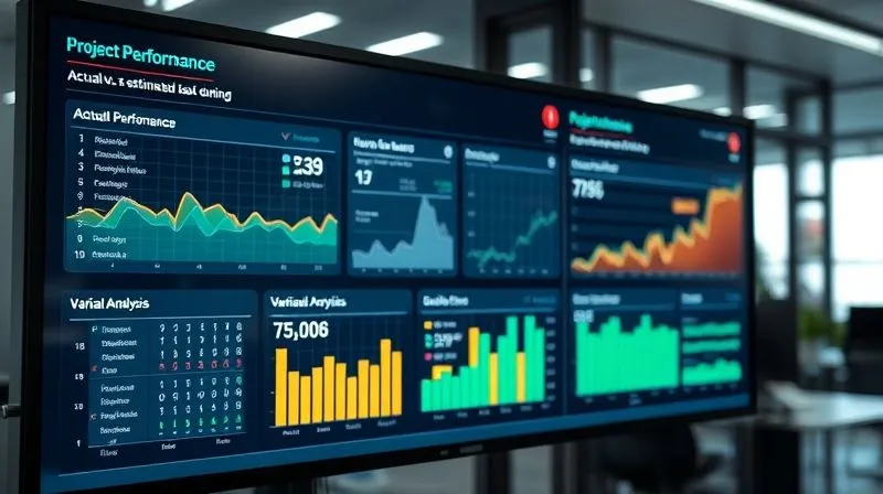 A photorealistic image of a dynamic dashboard displaying project performance metrics, including actual vs. estimated task durations, burn-down charts, and variance analysis. The screen glows with data visualizations in a modern office setting. professional photography, 8K, cinematic lighting, sharp focus on the dashboard, depth of field blurring the background, shot on a high-end DSLR. A photorealistic image of a dynamic dashboard displaying project performance metrics, including actual vs. estimated task durations, burn-down charts, and variance analysis. The screen glows with data visualizations in a modern office setting. professional photography, 8K, cinematic lighting, sharp focus on the dashboard, depth of field blurring the background, shot on a high-end DSLR.