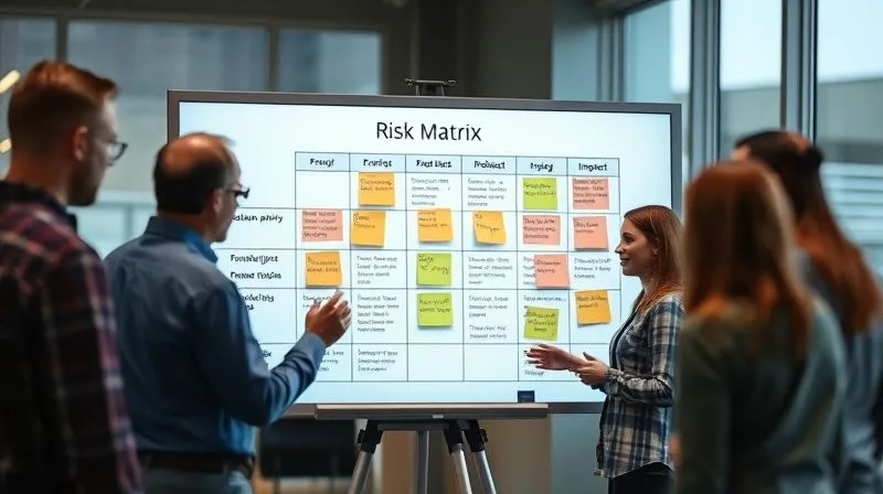 A photorealistic image of a project team collaborating around a digital whiteboard displaying a risk matrix, with various risks plotted by probability and impact. The team is engaged in discussion, using sticky notes and markers. professional photography, 8K, cinematic lighting, sharp focus on the risk matrix, depth of field blurring the team members, shot on a high-end DSLR. A photorealistic image of a project team collaborating around a digital whiteboard displaying a risk matrix, with various risks plotted by probability and impact. The team is engaged in discussion, using sticky notes and markers. professional photography, 8K, cinematic lighting, sharp focus on the risk matrix, depth of field blurring the team members, shot on a high-end DSLR.