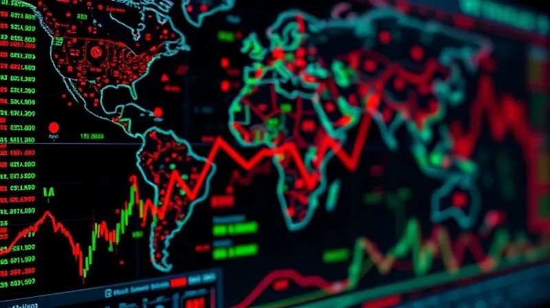 A photorealistic image of a complex global economic dashboard with flickering red and green indicators, symbolizing market volatility and interconnectedness. Professional photography, 8K, cinematic lighting, sharp focus on the data points, depth of field blurring the background, shot on a high-end DSLR, conveying financial uncertainty.