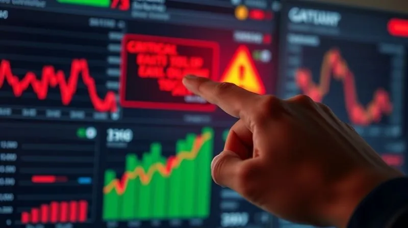 A photorealistic image of a hand pointing at a critical red alert on a financial dashboard, indicating an early warning signal for cash flow, with a worried but focused expression. Professional photography, 8K, cinematic lighting, sharp focus on the hand and screen, depth of field blurring the background, shot on a high-end DSLR, conveying urgency and proactive risk management.