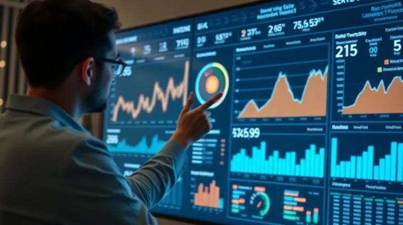 A photorealistic image of a modern business dashboard on a large monitor, displaying complex sales forecasting models and AI-driven insights, with a data scientist interacting with the screen, professional photography, 8K, cinematic lighting, sharp focus, depth of field.
