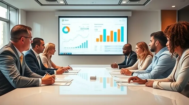 A photorealistic image of a diverse executive team collaborating around a large conference table, reviewing financial projections and strategic plans projected onto a screen, professional photography, 8K, cinematic lighting, sharp focus on the team, depth of field blurring the background.