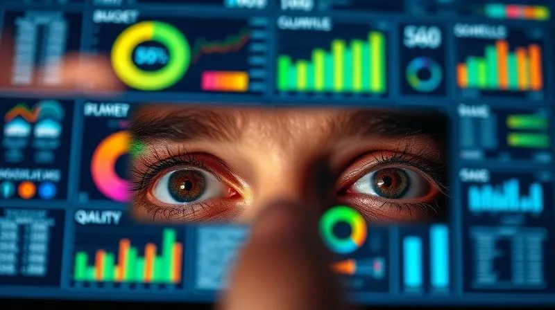A photorealistic, professional photography, 8K, cinematic lighting, sharp focus, depth of field, shot on a high-end DSLR, of a clean, modern project management dashboard with various charts and graphs displaying key performance indicators (KPIs) like budget, schedule, and quality. The screen glows subtly, reflecting on a pair of focused, analytical eyes in the foreground, suggesting deep interpretation.