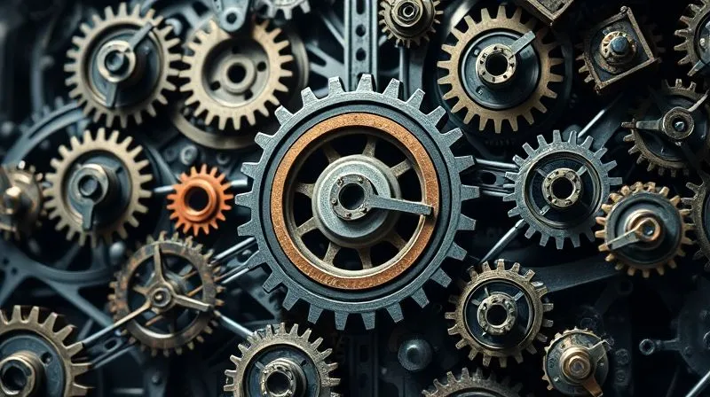A photorealistic, professional photography, 8K, cinematic lighting, sharp focus, depth of field, shot on a high-end DSLR, of a complex network of interconnected gears and cogs, with one central, larger gear representing a key project outcome, and smaller gears representing various KPIs. Some gears are clearly linked, showing causation, while others spin independently but near each other, illustrating correlation without direct cause.