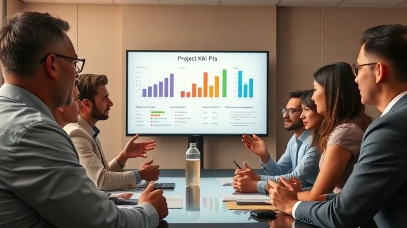A photorealistic, professional photography, 8K, cinematic lighting, sharp focus, depth of field, shot on a high-end DSLR, of a diverse group of business professionals in a modern conference room, engaged in a discussion around a large screen displaying an executive summary of project KPIs. One person is presenting with clear, confident gestures, and others are listening intently, with expressions of understanding and readiness to act.