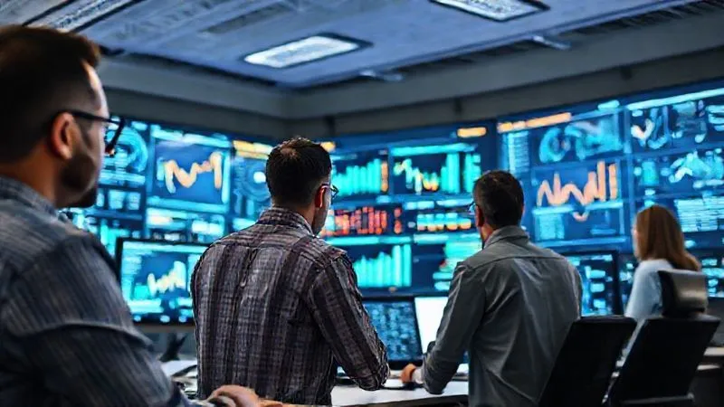 A photorealistic, professional photography image of a diverse group of professionals from different industries (manufacturing, logistics, retail) collaboratively analyzing complex data on multiple large screens in a modern, well-lit control room, symbolizing supply chain data aggregation. Cinematic lighting, sharp focus on the data visualizations, depth of field. 8K, shot on a high-end DSLR.