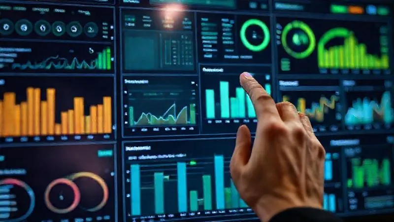 A photorealistic, professional photography image of a meticulously organized digital dashboard displaying various environmental metrics, charts, and real-time data flows, symbolizing accurate reporting and continuous improvement in carbon accounting. A hand points to a 'Scope 3 Emissions' section. Cinematic lighting, sharp focus on the screen, depth of field. 8K, shot on a high-end DSLR.