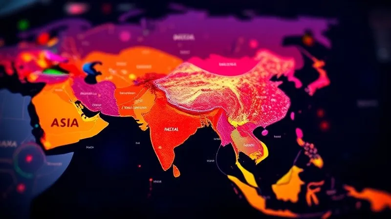 A photorealistic, professional photography, 8K, cinematic lighting, sharp focus, depth of field, shot on a high-end DSLR, depicting a vibrant, abstract digital map of Asia with distinct, color-coded regions highlighting economic diversity and varying market characteristics, with data points and subtle interconnecting lines.