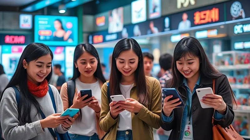 A photorealistic, professional photography, 8K, cinematic lighting, sharp focus, depth of field, shot on a high-end DSLR, showing a diverse group of Asian consumers interacting seamlessly with various e-commerce and social media platforms on their smartphones and tablets, with digital storefronts and product displays floating in the background, symbolizing a bustling online marketplace.