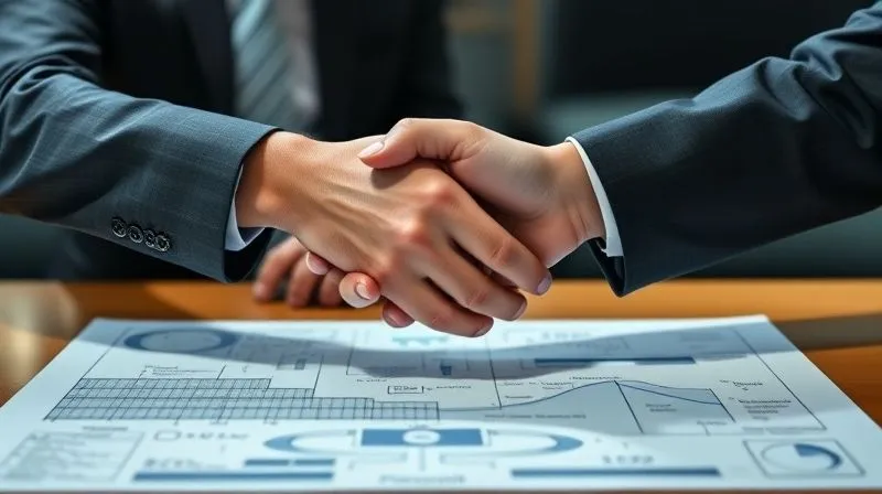 A photorealistic image of two business people shaking hands firmly across a desk, with a blurred blueprint or strategic document between them, symbolizing a successful partnership and a clear agreement on a Proof of Concept or pilot program. Professional photography, 8K, cinematic lighting, sharp focus, depth of field.