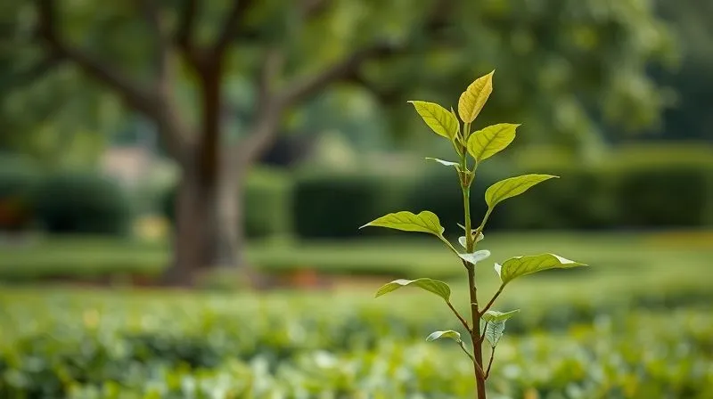 A photorealistic image of a single, strong sapling with vibrant green leaves growing in a meticulously tended, expansive garden, with older, established trees in the blurred background. The sapling is well-watered and shows signs of steady, long-term growth, symbolizing nurturing relationships and patience in enterprise sales. Professional photography, 8K, cinematic lighting, sharp focus, depth of field.
