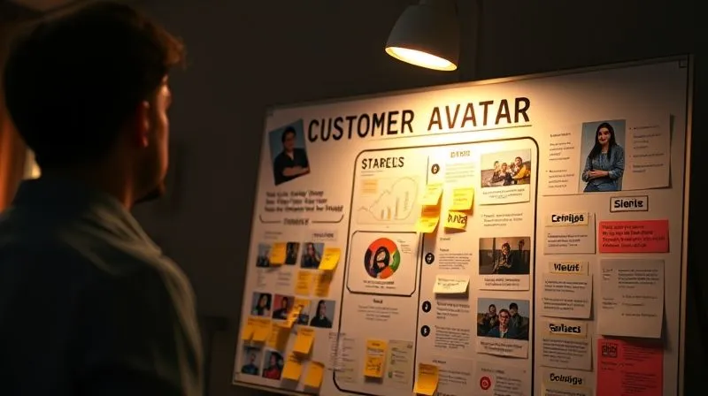 A photorealistic, professional photography, 8K, cinematic lighting, sharp focus, depth of field, shot on a high-end DSLR. A detailed customer avatar illustration board, with sticky notes, photos, and keywords meticulously organized, reflecting deep insights. The board is illuminated by a warm, focused spotlight, emphasizing strategic clarity. A photorealistic, professional photography, 8K, cinematic lighting, sharp focus, depth of field, shot on a high-end DSLR. A detailed customer avatar illustration board, with sticky notes, photos, and keywords meticulously organized, reflecting deep insights. The board is illuminated by a warm, focused spotlight, emphasizing strategic clarity.