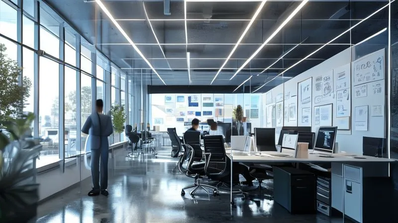 A photorealistic image of a corporate office environment where one side is bustling with focused, traditional work (exploitation) and the other side is a dynamic, creative space with whiteboards and collaborative teams exploring new ideas (exploration). A subtle, glowing line separates these two zones, symbolizing organizational ambidexterity. Cinematic lighting, sharp focus, depth of field, 8K hyper-detailed, professional photography, shot on a high-end DSLR. A photorealistic image of a corporate office environment where one side is bustling with focused, traditional work (exploitation) and the other side is a dynamic, creative space with whiteboards and collaborative teams exploring new ideas (exploration). A subtle, glowing line separates these two zones, symbolizing organizational ambidexterity. Cinematic lighting, sharp focus, depth of field, 8K hyper-detailed, professional photography, shot on a high-end DSLR.