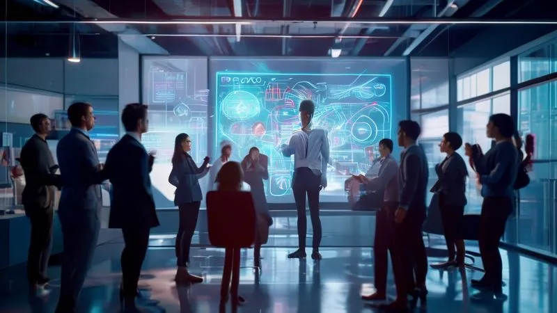 A photorealistic image of a diverse group of professionals in a modern, collaborative office space, gathered around a holographic projection that displays complex data and future trends. A confident, visionary leader stands at the center, gesturing towards the projection, fostering discussion and empowering the team. Cinematic lighting, sharp focus on the leader and team, depth of field blurring the background, 8K hyper-detailed, professional photography, shot on a high-end DSLR. A photorealistic image of a diverse group of professionals in a modern, collaborative office space, gathered around a holographic projection that displays complex data and future trends. A confident, visionary leader stands at the center, gesturing towards the projection, fostering discussion and empowering the team. Cinematic lighting, sharp focus on the leader and team, depth of field blurring the background, 8K hyper-detailed, professional photography, shot on a high-end DSLR.