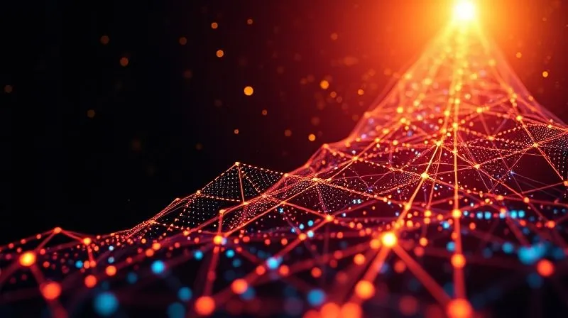A photorealistic abstract representation of exponential technological growth, with glowing digital lines converging upwards rapidly, surrounded by subtle data points and network connections, cinematic lighting, sharp focus, depth of field, 8K hyper-detailed, professional photography, shot on a high-end DSLR.