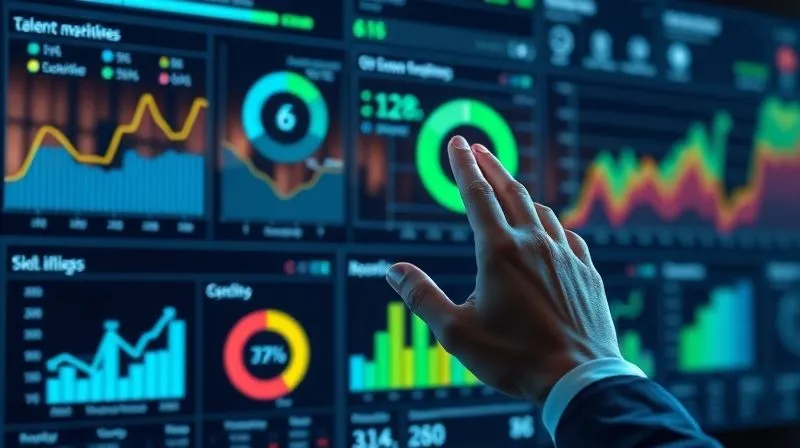 A photorealistic digital dashboard displaying complex HR analytics and workforce planning data, with interactive graphs showing skill gaps, talent mobility, and predictive hiring trends. The interface is sleek and modern, bathed in cinematic blue and green light, sharp focus on the data, depth of field blurring a professional hand interacting with a holographic display, 8K, professional photography.