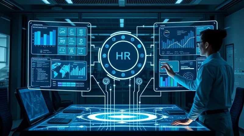 A photorealistic futuristic office environment with a seamless, integrated HR technology ecosystem displayed across multiple holographic screens. Different applications for workforce planning, talent management, analytics, and learning are connected by glowing digital lines, symbolizing data flow. A professional HR manager interacts with the central console. Professional photography, 8K, cinematic lighting, sharp focus on the integrated system, depth of field blurring the background, shot on a high-end DSLR, emotionally resonant with efficiency and innovation.
