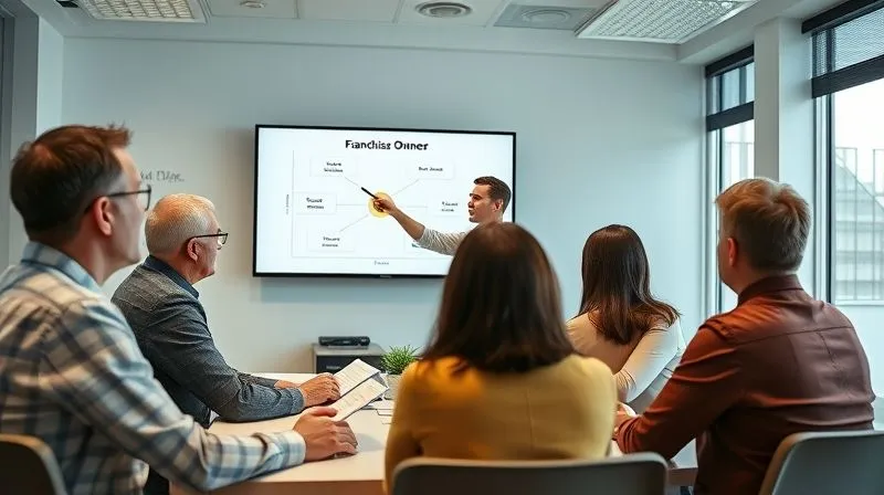 A photorealistic image of a professional trainer leading a small group of franchise owners in a bright, modern training room. The trainer is pointing to a screen displaying a business strategy diagram, and the owners are actively taking notes and participating. Cinematic lighting, sharp focus on the participants and trainer, depth of field blurring the background, 8K hyper-detailed, shot on a high-end DSLR. A photorealistic image of a professional trainer leading a small group of franchise owners in a bright, modern training room. The trainer is pointing to a screen displaying a business strategy diagram, and the owners are actively taking notes and participating. Cinematic lighting, sharp focus on the participants and trainer, depth of field blurring the background, 8K hyper-detailed, shot on a high-end DSLR.