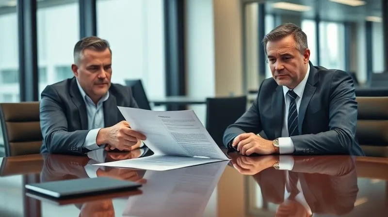 A photorealistic image of two business professionals (master franchisee and sub-franchisee) sitting at a large conference table in a modern, well-lit office. One person is pointing to a document with a serious but professional expression, while the other listens intently with a concerned look. The atmosphere is tense but professional. Cinematic lighting, sharp focus on the individuals and the document, depth of field blurring the background, 8K hyper-detailed, shot on a high-end DSLR. A photorealistic image of two business professionals (master franchisee and sub-franchisee) sitting at a large conference table in a modern, well-lit office. One person is pointing to a document with a serious but professional expression, while the other listens intently with a concerned look. The atmosphere is tense but professional. Cinematic lighting, sharp focus on the individuals and the document, depth of field blurring the background, 8K hyper-detailed, shot on a high-end DSLR.